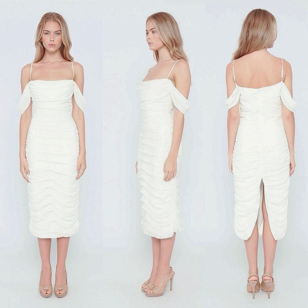 Bardot Vivienne Ruched Midi Off Shoulders Special Occasion Dress White Size 12